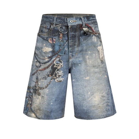 Short Japonais Homme Jean Imprimé Chaînes, short japonais imprimé