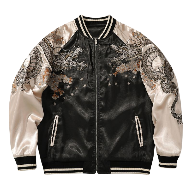 Sukajan Homme Avec Broderie Dragon Japonaise, Sukajan Homme Beige