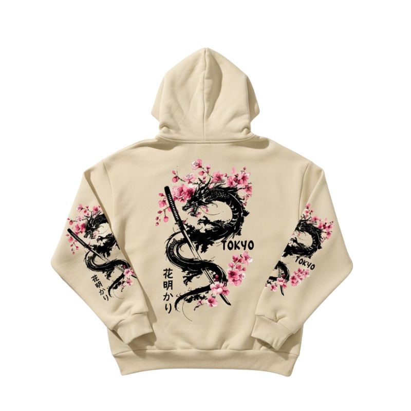 Sweat Japonais Avec Illustration Dragon Élégante, Sweat Japonais Beige
