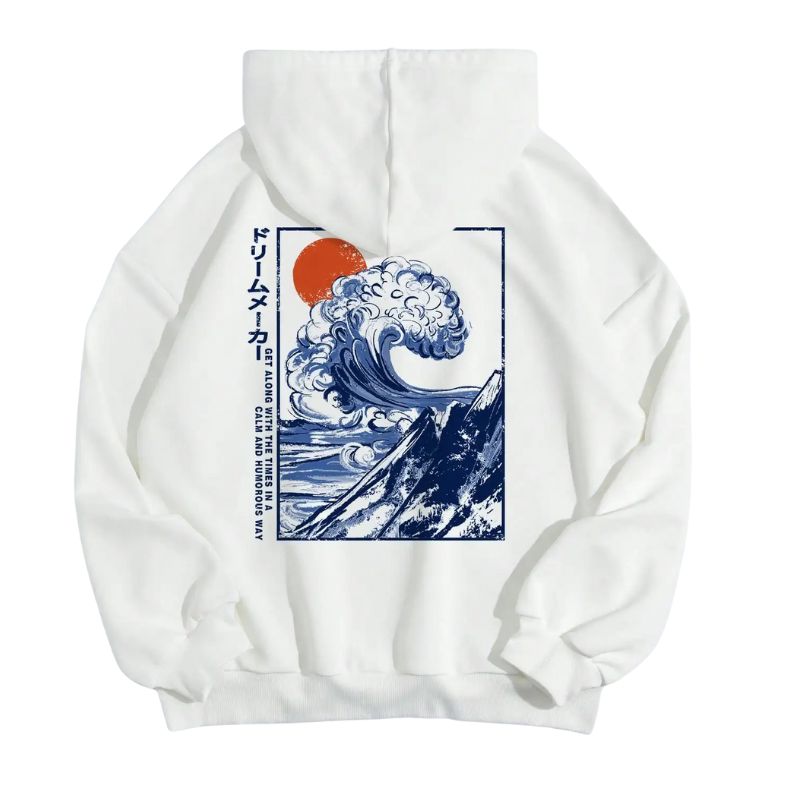 Sweat Japonais Blanc Avec Illustration Vague Et Soleil Levant, sweat japonais blanc