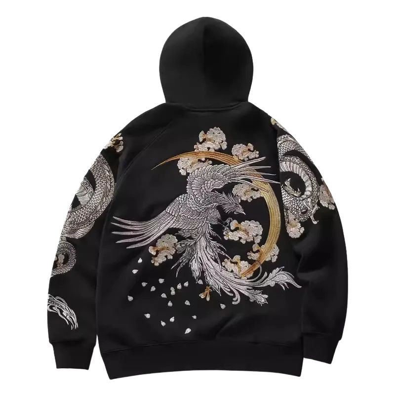 Sweat Japonais En Noir Avec Broderie Phénix, sweat japonais en noir