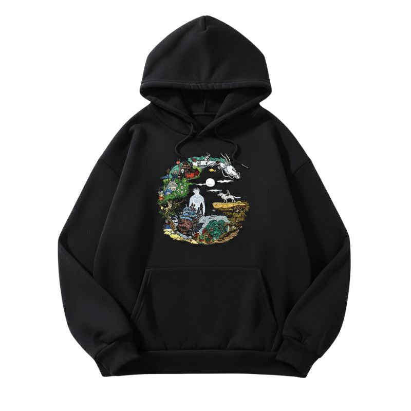 Sweat Japonais En Style Anime Avec Motif Paysage Fantaisie, Sweat Japonais Noir