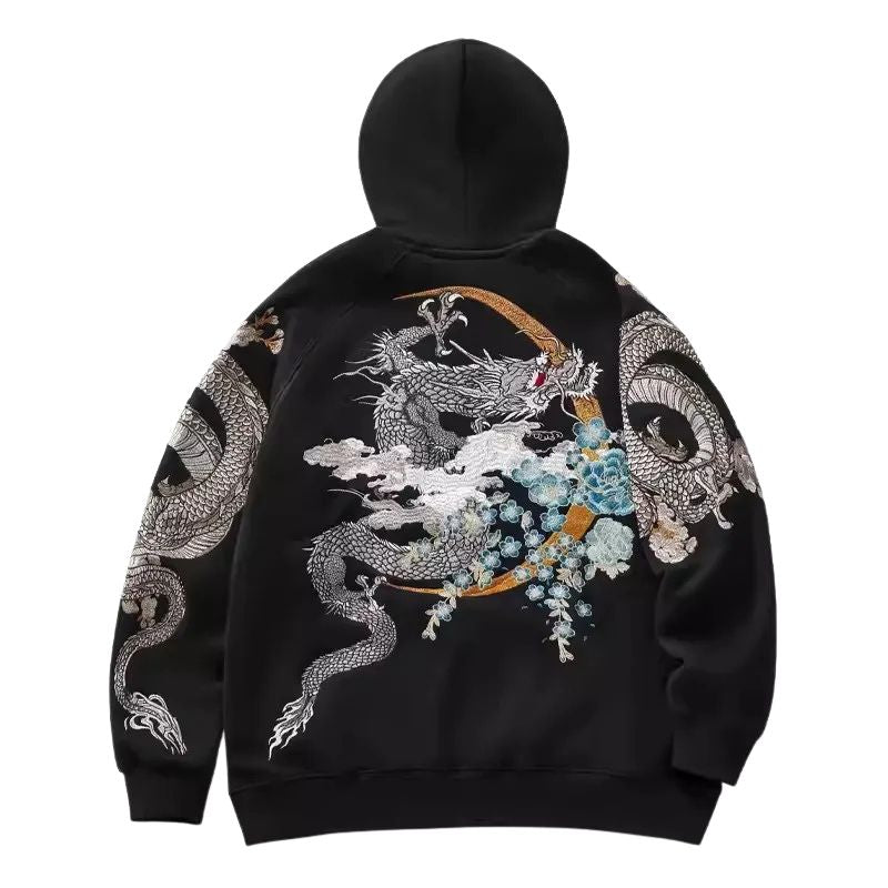 Sweat Japonais Noir Avec Broderie Dragon Et Phénix Suzaku, sweat japonais noir 