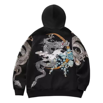 Sweat Japonais Noir Avec Broderie Dragon Et Phénix Suzaku, sweat japonais noir 