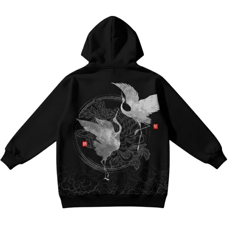 Sweat Japonais Noir Avec Design Grue Artistique, sweat japonais noir 