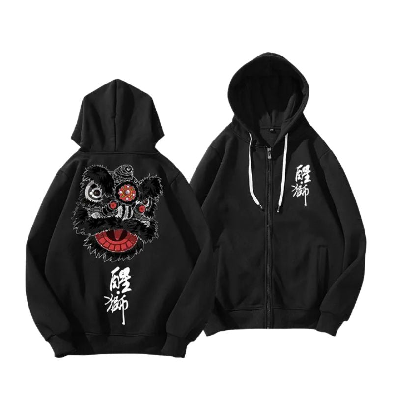 Sweat Japonais Noir Avec Masque Lion Et Calligraphie Traditionnelle, sweat japonais noir 