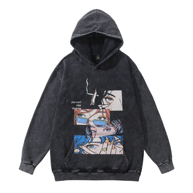 Sweat Japonais Noir Délavé Avec Illustration Manga Artistique, Sweat Japonais Noir 