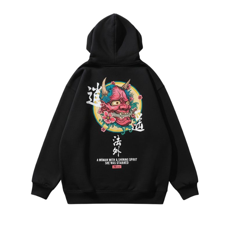 Sweat Japonais Streetwear Avec Illustration Démon, Sweat Japonais Noir