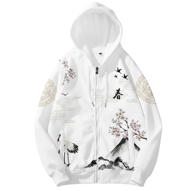 Sweat Japonais Zippé Avec Illustration Montagne Et Oiseaux, sweat japonais blanc