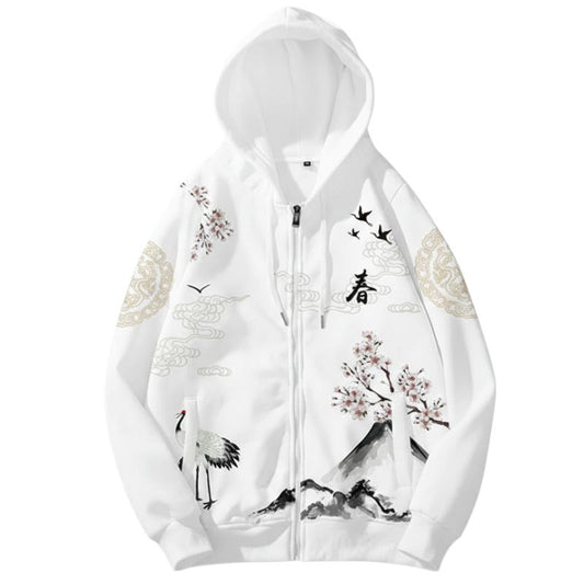 Sweat Japonais Zippé Avec Illustration Montagne Et Oiseaux, sweat japonais blanc