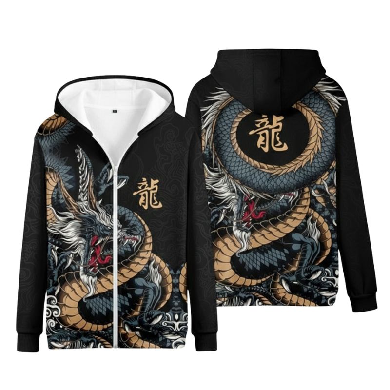 Sweat Japonais Zippé Avec Motif Dragon Puissant, sweat japonais avec motif