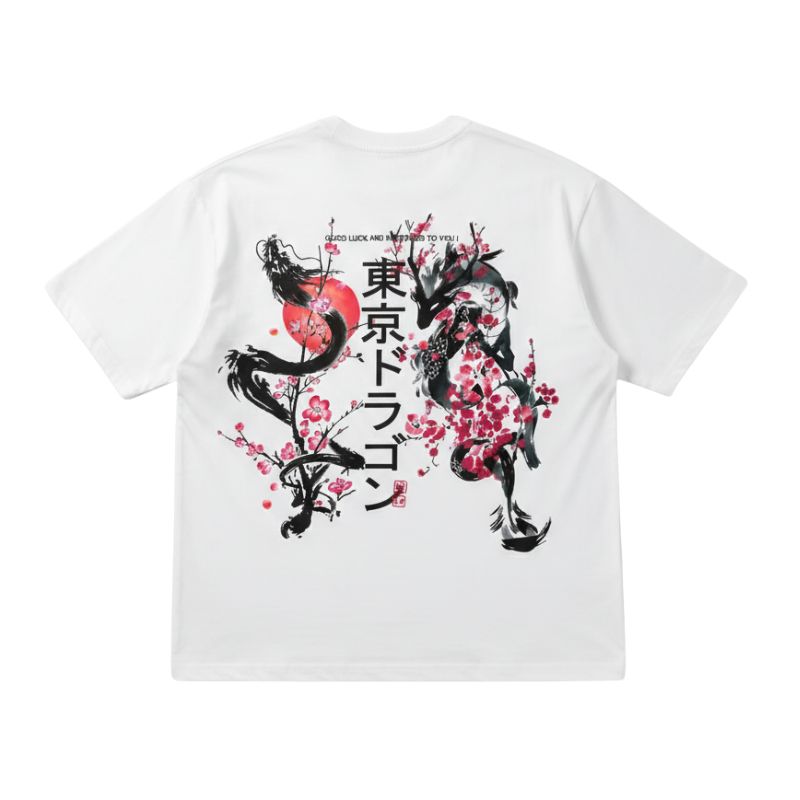 T-Shirt Japonais Avec Dragon Sakura Et Calligraphie Tokyo, T-Shirt Japonais Blanche