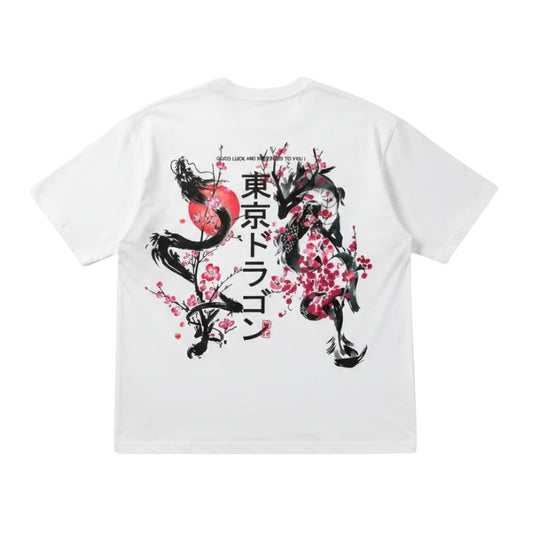 T-Shirt Japonais Avec Dragon Sakura Et Calligraphie Tokyo, T-Shirt Japonais Blanche