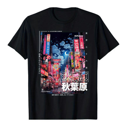 T-Shirt Japonais Avec Illustration Akihabara Tokyo De Nuit, T-Shirt Japonais Noir