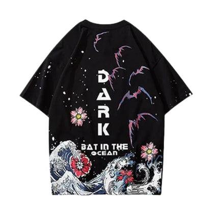 T-Shirt Japonais Avec Illustration Inspirée De L’Océan, T-Shirt Japonais Noir