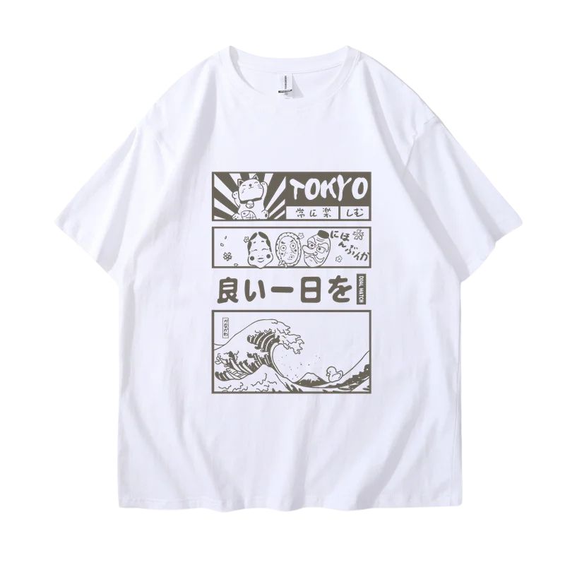 T-Shirt Japonais Avec Illustrations Tokyo Et Vagues Rétro, T-Shirt Japonais Blanc