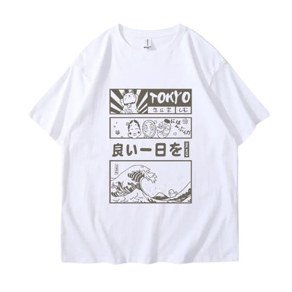 T-Shirt Japonais Avec Illustrations Tokyo Et Vagues Rétro, T-Shirt Japonais Blanc