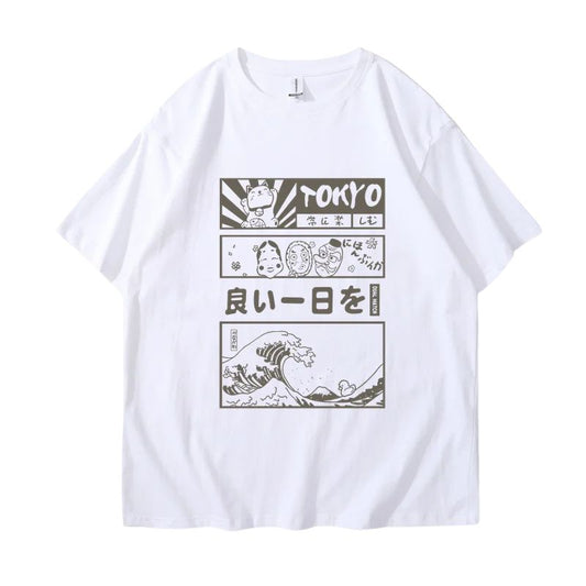 T-Shirt Japonais Avec Illustrations Tokyo Et Vagues Rétro, T-Shirt Japonais Blanc