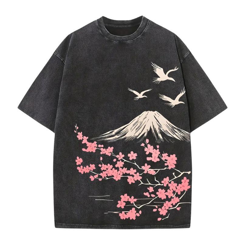 T-Shirt Japonais Avec Mont Fuji Et Fleurs Sakura, T-Shirt Japonais Noir
