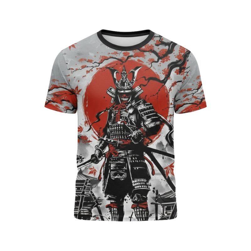 T-Shirt Japonais Avec Samouraï En Armure Et Soleil Rouge, T-Shirt Japonais 