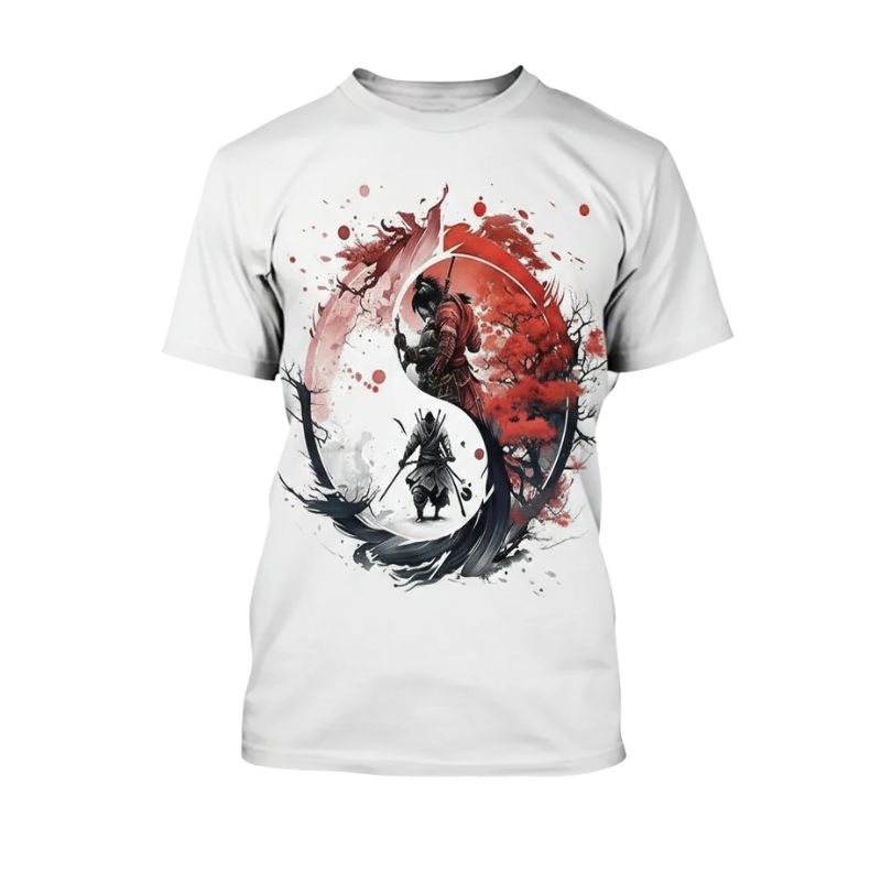 T-Shirt Japonais Avec Scène Samouraï Artistique, T-Shirt Japonais 