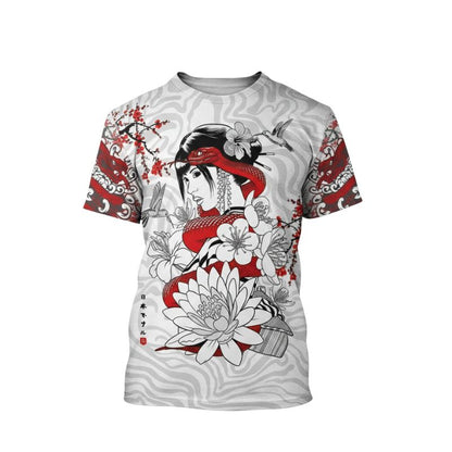 T-Shirt Japonais En Blanc Avec Femme Geisha Et Fleurs Lotus, T-Shirt Japonais 
