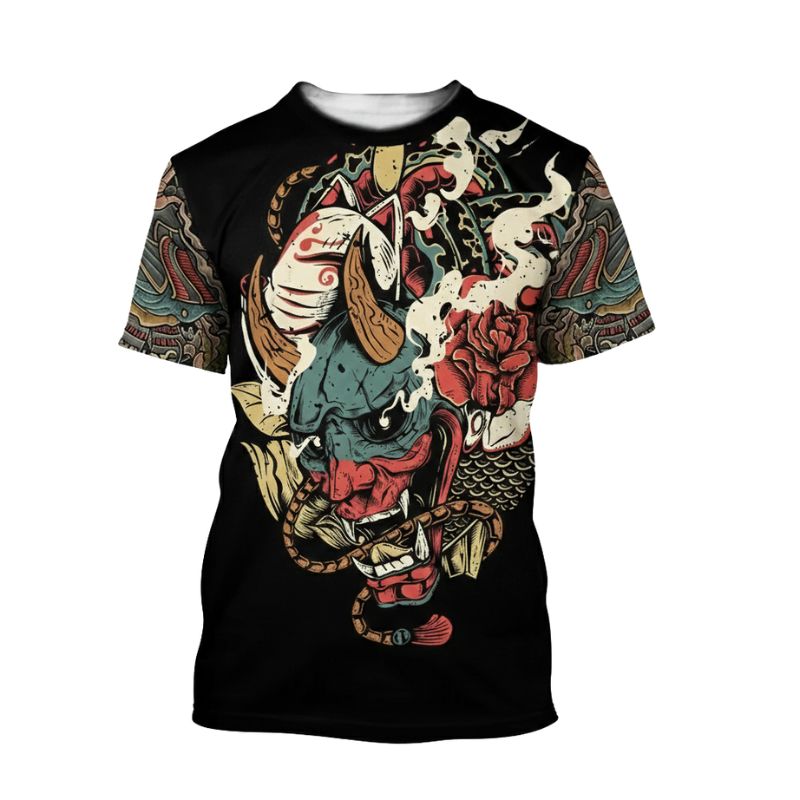 T-Shirt Japonais En Noir Avec Masque Oni Et Illustration Démon, T-Shirt Japonais 