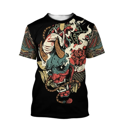 T-Shirt Japonais En Noir Avec Masque Oni Et Illustration Démon, T-Shirt Japonais 