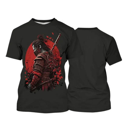 T-Shirt Japonais En Noir Avec Samouraï Armuré Et Soleil Rouge, T-Shirt Japonais 