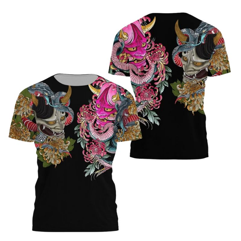 T-Shirt Japonais Mode Urbaine Avec Design Démon Floral, T-Shirt Japonais 