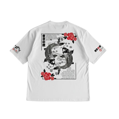 T-Shirt Japonais Mode Urbaine Avec Poissons Koi, T-Shirt Japonais Blanc