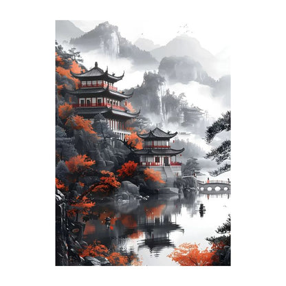 Tableau Japonais Avec Montagnes En Brume Et Sanctuaire Élégant, Tableau Japonais 