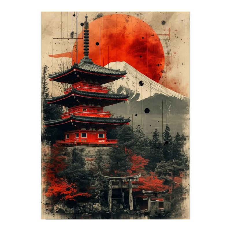 Tableau Japonais En Style Artistique Avec Temple Traditionnel, Tableau Japonais