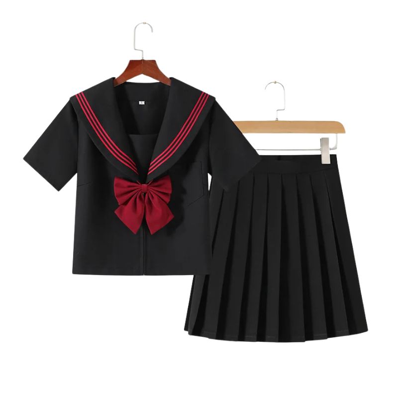 Uniforme Japonais Noir Avec Col Marin Et Nœud Rouge, Uniforme Japonais Noir 