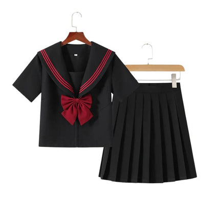 Uniforme Japonais Noir Avec Col Marin Et Nœud Rouge, Uniforme Japonais Noir 