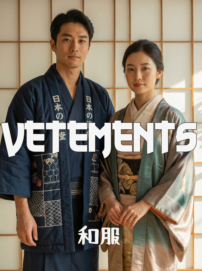Homme et femme portant des vêtements traditionnels japonais devant un panneau shoji