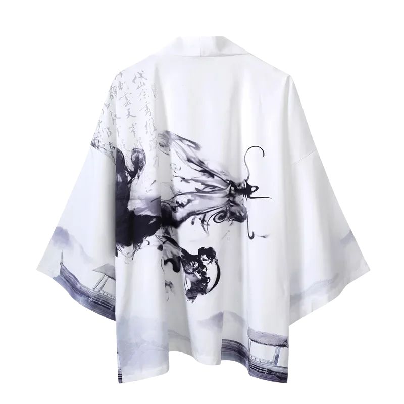 Veste Kimono Blanc En Motif Encre Japonaise Artistique, veste kimono blanc