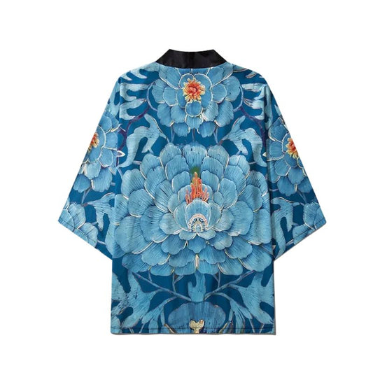 Veste Kimono Bleu En Motif Fleur Géante Artistique, veste kimono bleu
