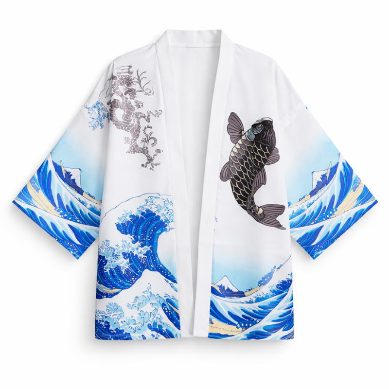 Veste Kimono En Motif Vague Japonaise, Veste Kimono