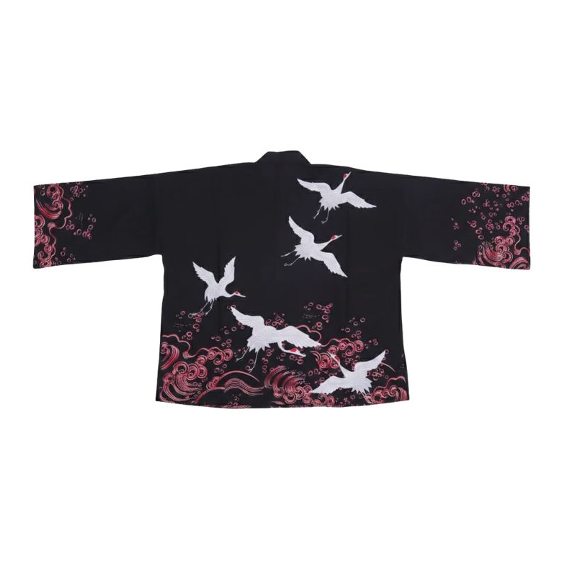 Veste Kimono Noir En Coupe Ample Avec Imprimé Oiseaux, Veste Kimono Noir 