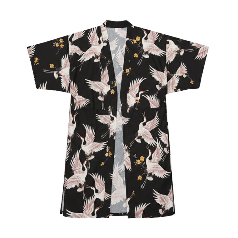 Veste Kimono Noir En Motif Grues Japonaises, veste kimono noir