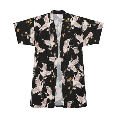 Veste Kimono Noir En Motif Grues Japonaises, veste kimono noir