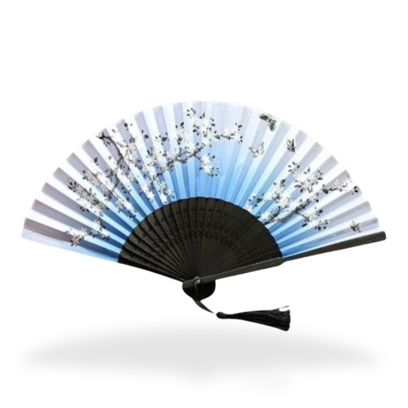 Éventail Japonais Bleu Dégradé Avec Motif Fleurs De Cerisier, Éventail Japonais Bleu