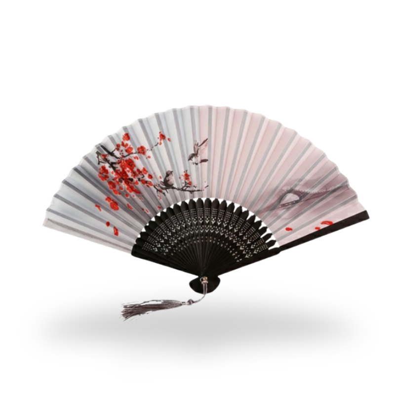 Éventail Japonais Pliant Avec Motif Prunier Et Oiseaux, Éventail Japonais Pliant