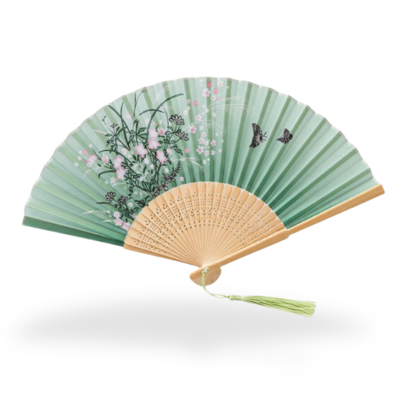 Éventail Japonais Pliant Vert Avec Illustration Florale, Éventail Japonais Pliant Vert 