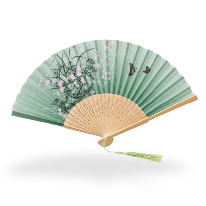 Éventail Japonais Pliant Vert Avec Illustration Florale, Éventail Japonais Pliant Vert 